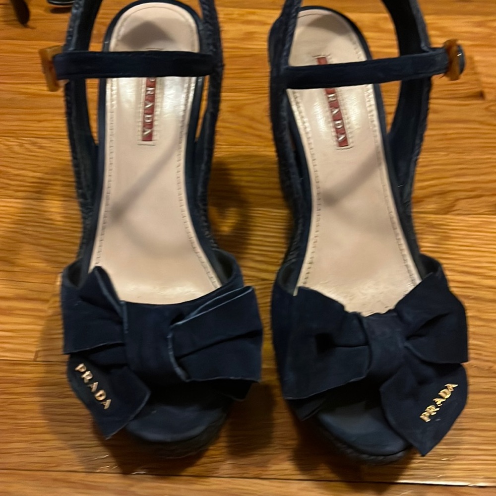 Prada blue suede cork raffia wedge